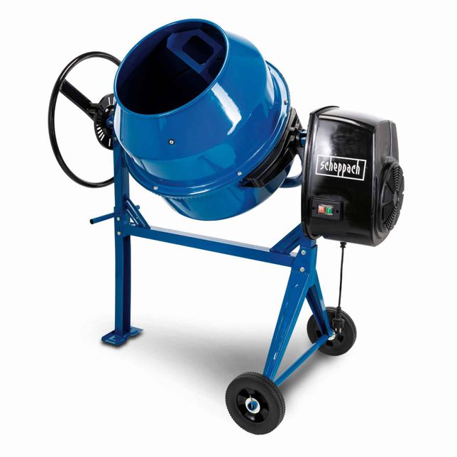 Scheppach cement mixer with black motor and blue drum. Ideal for use on construction sites.
